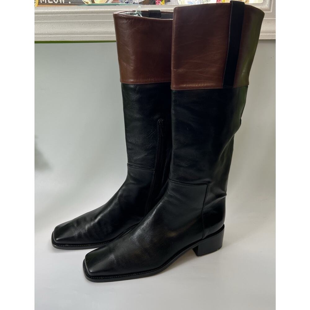 Stuart Weitzman Two-tone‎ Leather Boots 7 B Knee High Square Toe Black & Brown